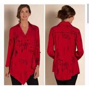 Soft Surroundings Pagoda Tunic Top Womens Sz L Red Asymmetric Button Roll Tab